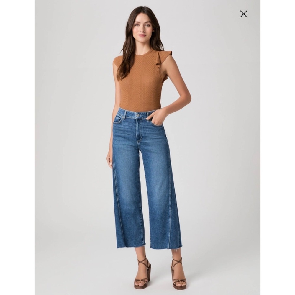 Paige Anessa High Rise Wide Leg Raw Hem Jeans Blue Patch Pockets Size 27